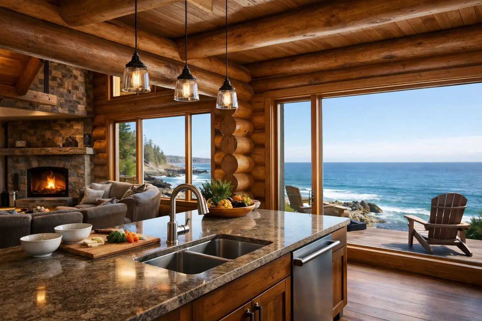 Oceanfront Log Home With Full Kitchen